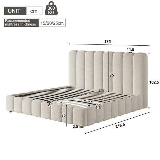 Cama de casal de tecido 160x200 cm com armazenamento,branco