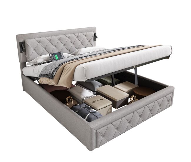 Cama de matrimonio de lino 160x200 cm con almacenaje,gris