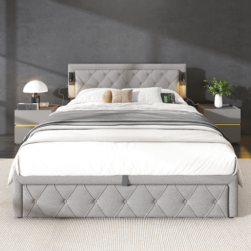 Cama de casal de linho 160x200 cm com armazenamento,cinza