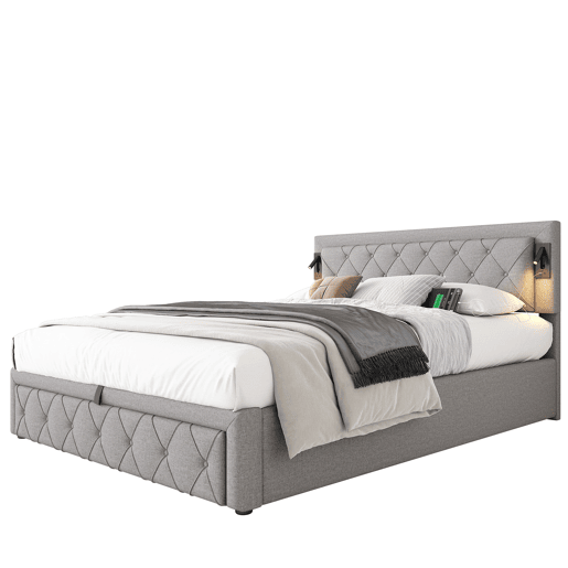 Cama de casal de linho 160x200 cm com armazenamento,cinza
