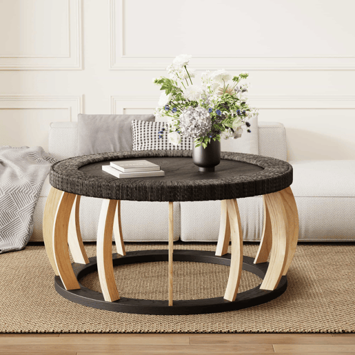 Mesa de centro redonda de 90 cm - rattan e madeira maciça, pernas curvas em estilo boho - preto e castanho