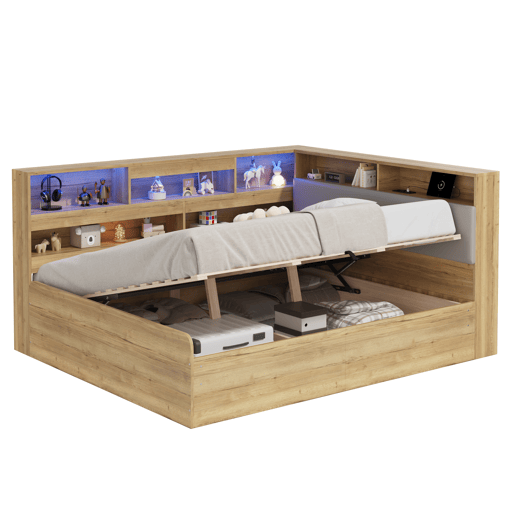 Cama de casal de mdf 140x200 cm com armazenamento e luz led,natural