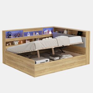 Cama de casal de mdf 140x200 cm com armazenamento e luz led,natural