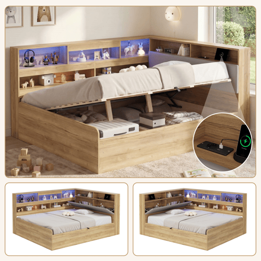 Cama de casal de mdf 140x200 cm com armazenamento e luz led,natural