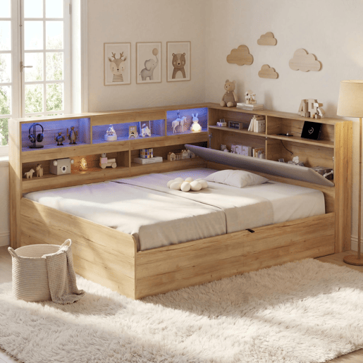 Cama de casal de mdf 140x200 cm com armazenamento e luz led,natural