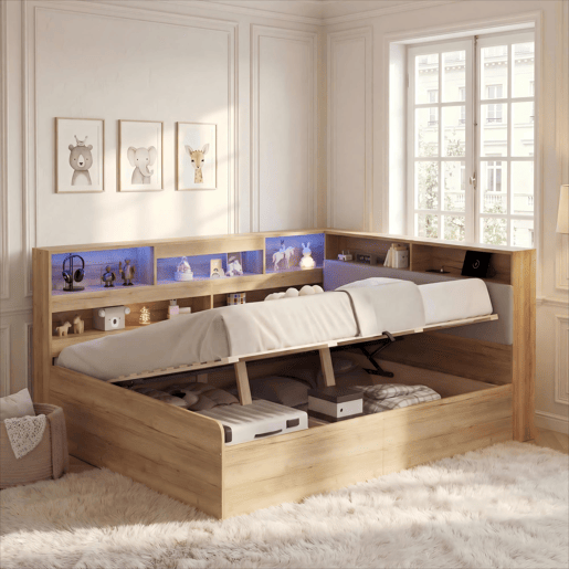 Cama de casal de mdf 140x200 cm com armazenamento e luz led,natural