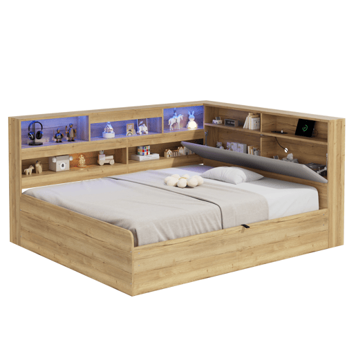 Cama de casal de mdf 140x200 cm com armazenamento e luz led,natural