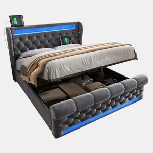 Cama de casal de veludo 140x190 cm com armazenamento e luz led,cinza