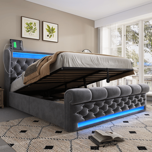 Cama de casal de veludo 140x190 cm com armazenamento e luz led,cinza