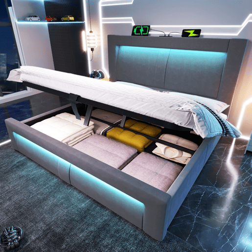 Cama de casal de veludo 140x200 cm com armazenamento e luz led,cinza