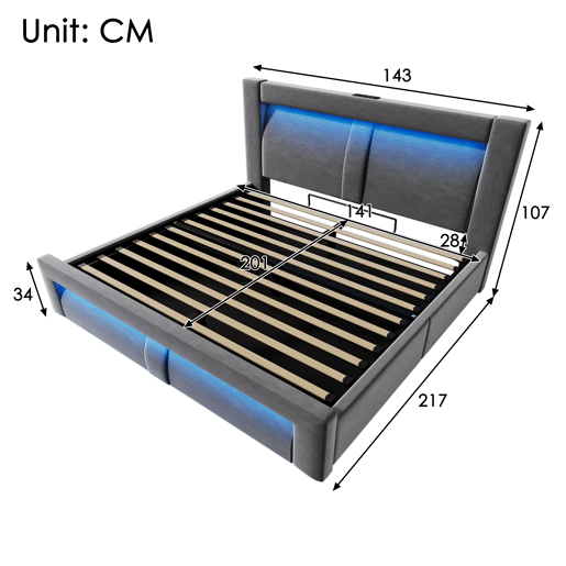 Cama de casal de veludo 140x200 cm com armazenamento e luz led,cinza