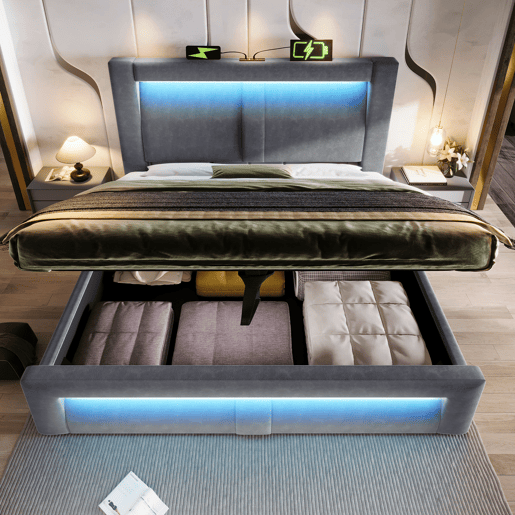 Cama de casal de veludo 140x200 cm com armazenamento e luz led,cinza