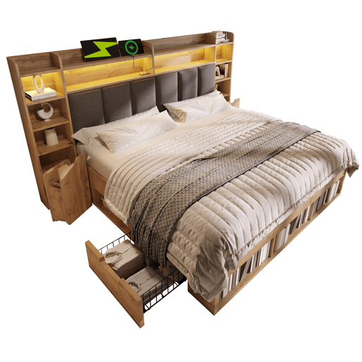 Cama de casal de madeira maciça 160x200 cm com luz led,natural