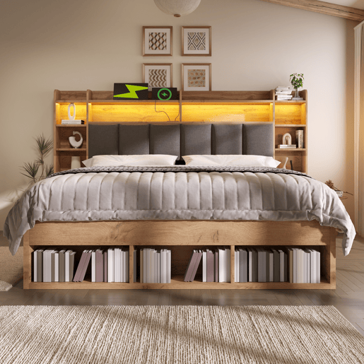 Cama de casal de madeira maciça 160x200 cm com luz led,natural