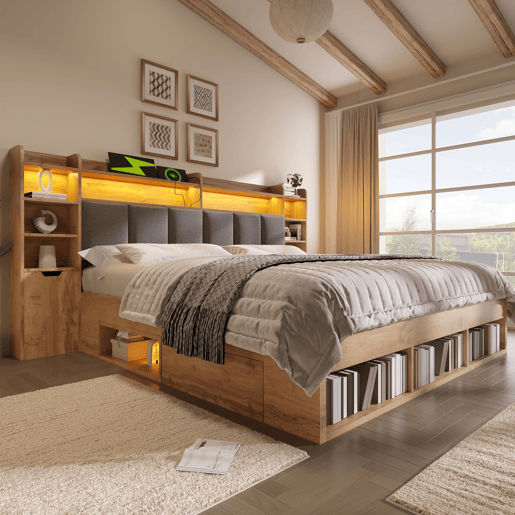 Cama de casal de madeira maciça 160x200 cm com luz led,natural
