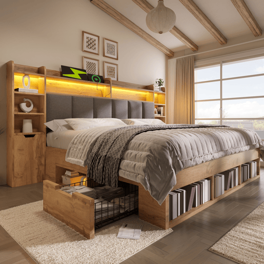 Cama de casal de madeira maciça 160x200 cm com luz led,natural