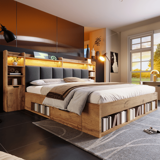 Cama de casal de madeira maciça 160x200 cm com luz led,natural