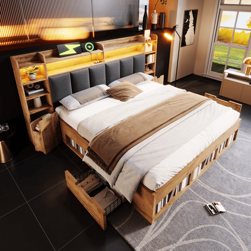 Cama de casal de madeira maciça 160x200 cm com luz led,natural