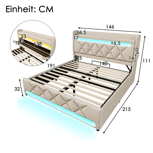 Cama de casal de linho 140x190 cm com armazenamento e luz led,bege