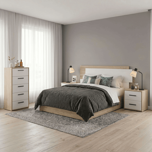 Conjunto de quarto com cabeceira, 2 mesas de cabeceira e cĂ´moda em carvalho cambriano e branco fosco. Conjunto de quarto com cabeceira, 2 mesas de cabeceira e cĂ´moda em carvalho cambriano e branco fosco.