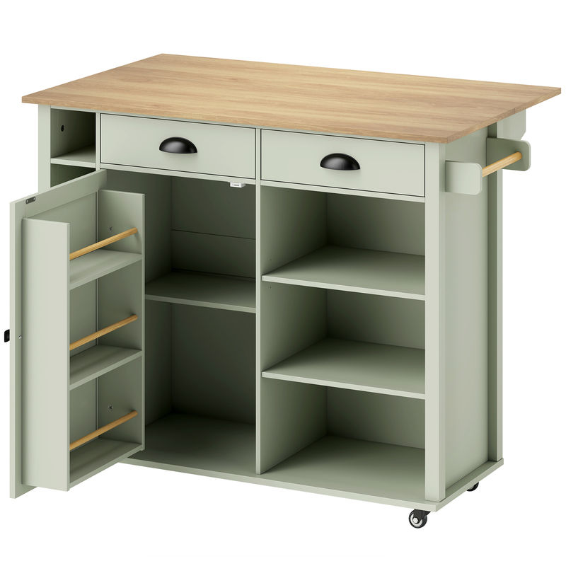 Homcom isla de cocina con tablero plegable y ruedas, carrito de cocina con estantes en la puerta, toallero, armario, 2 cajones, estantes abiertos, 117,5x70x91 cm, verde claro