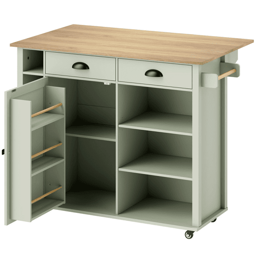HOMCOM Ilha de Cozinha com Tampo Dobrável e Rodas, Carrinho com Prateleiras na Porta, Suporte para Toalhas, Armário, 2 Gavetas, Prateleiras Abertas, 117,5x70x91 cm, Verde Claro