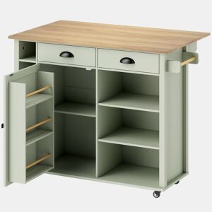 HOMCOM Ilha de Cozinha com Tampo Dobrável e Rodas, Carrinho com Prateleiras na Porta, Suporte para Toalhas, Armário, 2 Gavetas, Prateleiras Abertas, 117,5x70x91 cm, Verde Claro