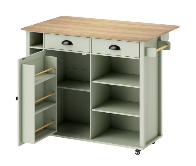 Homcom isla de cocina con tablero plegable y ruedas, carrito de cocina con estantes en la puerta, toallero, armario, 2 cajones, estantes abiertos, 117,5x70x91 cm, verde claro