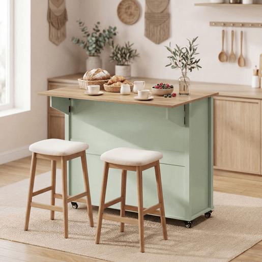 HOMCOM Ilha de Cozinha com Tampo Dobrável e Rodas, Carrinho com Prateleiras na Porta, Suporte para Toalhas, Armário, 2 Gavetas, Prateleiras Abertas, 117,5x70x91 cm, Verde Claro