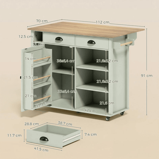 HOMCOM Ilha de Cozinha com Tampo Dobrável e Rodas, Carrinho com Prateleiras na Porta, Suporte para Toalhas, Armário, 2 Gavetas, Prateleiras Abertas, 117,5x70x91 cm, Verde Claro