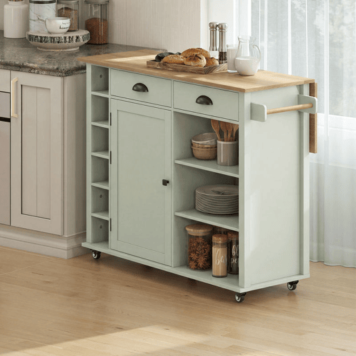HOMCOM Ilha de Cozinha com Tampo Dobrável e Rodas, Carrinho com Prateleiras na Porta, Suporte para Toalhas, Armário, 2 Gavetas, Prateleiras Abertas, 117,5x70x91 cm, Verde Claro