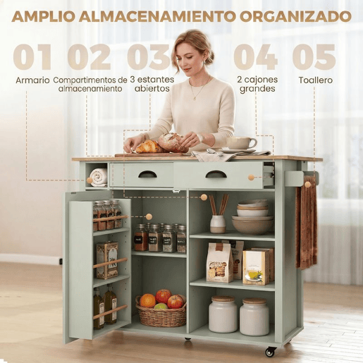 HOMCOM Ilha de Cozinha com Tampo Dobrável e Rodas, Carrinho com Prateleiras na Porta, Suporte para Toalhas, Armário, 2 Gavetas, Prateleiras Abertas, 117,5x70x91 cm, Verde Claro