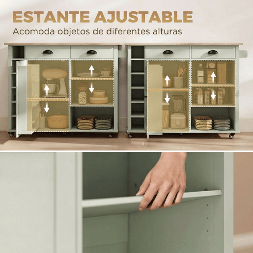 HOMCOM Ilha de Cozinha com Tampo Dobrável e Rodas, Carrinho com Prateleiras na Porta, Suporte para Toalhas, Armário, 2 Gavetas, Prateleiras Abertas, 117,5x70x91 cm, Verde Claro
