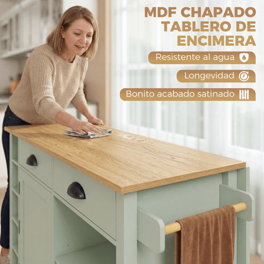 HOMCOM Ilha de Cozinha com Tampo Dobrável e Rodas, Carrinho com Prateleiras na Porta, Suporte para Toalhas, Armário, 2 Gavetas, Prateleiras Abertas, 117,5x70x91 cm, Verde Claro