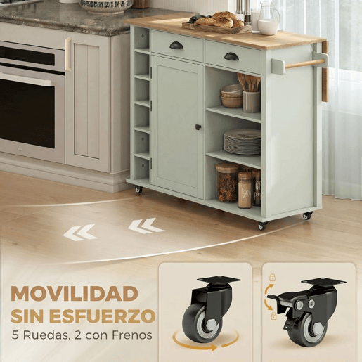 HOMCOM Ilha de Cozinha com Tampo Dobrável e Rodas, Carrinho com Prateleiras na Porta, Suporte para Toalhas, Armário, 2 Gavetas, Prateleiras Abertas, 117,5x70x91 cm, Verde Claro