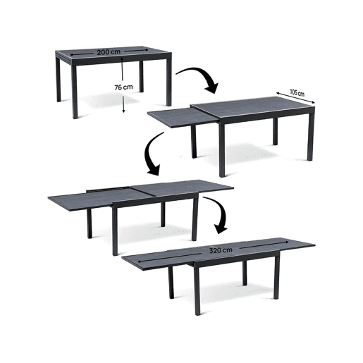 Mesa de jardim em alumínio extensível Lagos - 200320 x 105 x 76 cm - Preto