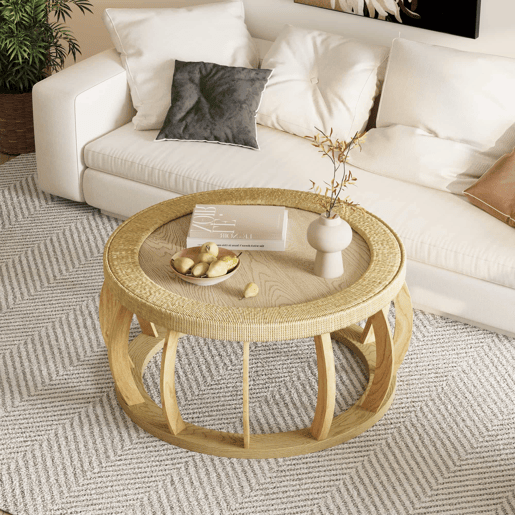 Mesa de centro redonda em rattan e madeira maciça - pernas curvas, estilo boho - natural
