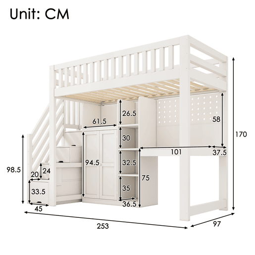 Cama de criança,cama alta de madeira maciça 90x200 cm,branco