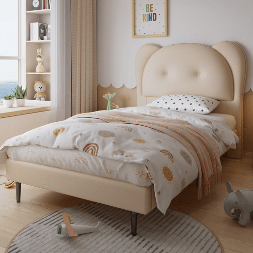 Cama individual 90x200 - Cabeceira infantil em forma de animal, estrutura metálica e estrado estável - Bege