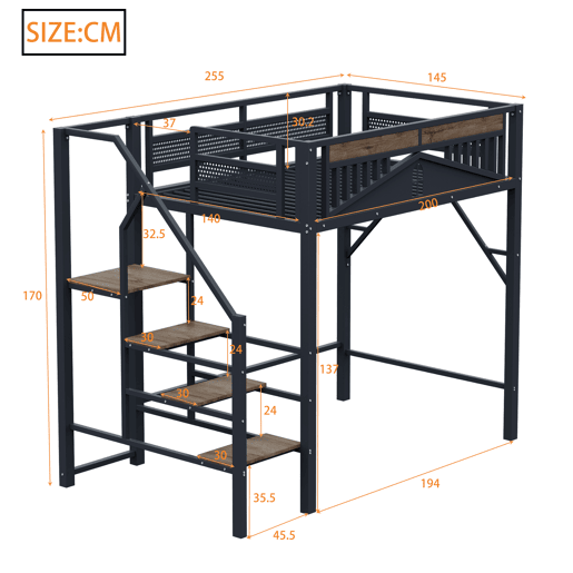 Cama alta metálica 140x200 cm - Design exclusivo com janela, escada de segurança e amplo espaço de arrumação debaixo da cama - Preta