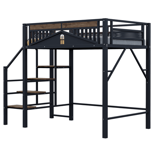 Cama alta metálica 140x200 cm - Design exclusivo com janela, escada de segurança e amplo espaço de arrumação debaixo da cama - Preta