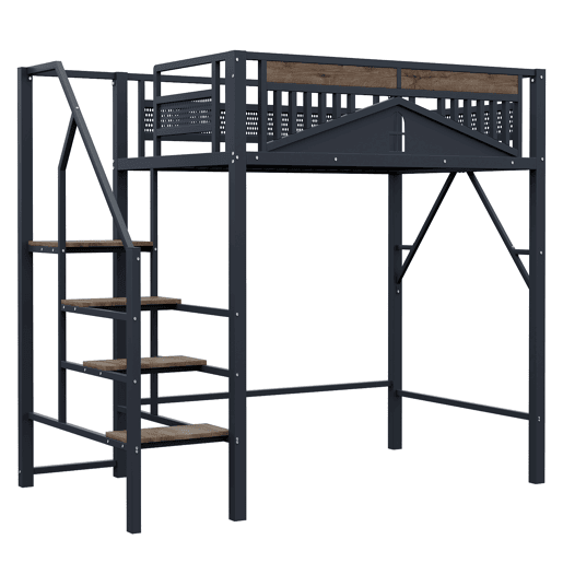 Cama alta metálica 140x200 cm - Design exclusivo com janela, escada de segurança e amplo espaço de arrumação debaixo da cama - Preta