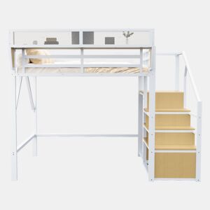 Cama alta 140x200 - Com escada de segurança e compartimento de arrumação flexível - Branco