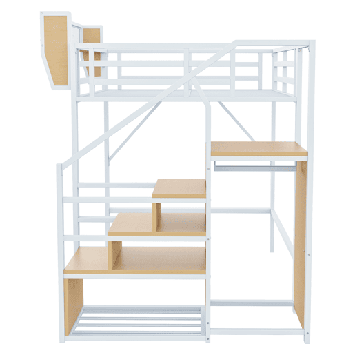 Cama alta 140x200 - Com escada de segurança e compartimento de arrumação flexível - Branco