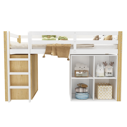 Cama de criança,cama alta de madeira maciça 90x200 cm,branco+natural