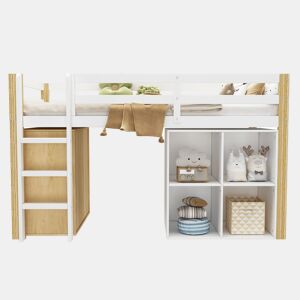 Cama de criança,cama alta de madeira maciça 90x200 cm,branco+natural