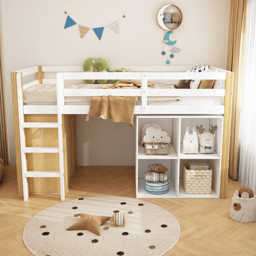 Cama de criança,cama alta de madeira maciça 90x200 cm,branco+natural