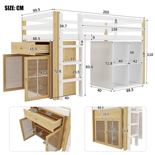 Cama de criança,cama alta de madeira maciça 90x200 cm,branco+natural