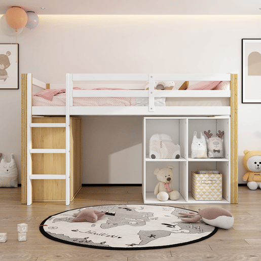 Cama de criança,cama alta de madeira maciça 90x200 cm,branco+natural