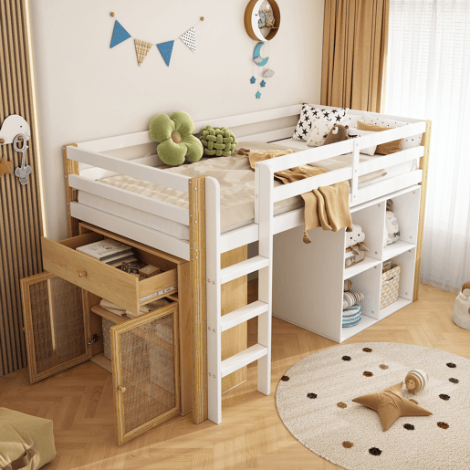 Cama de criança,cama alta de madeira maciça 90x200 cm,branco+natural